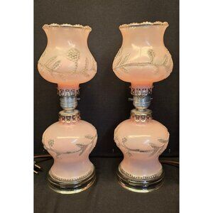 Vintage MCM Art Deco 40-50s Frosted Pink Glass Boudoir Electric Lamps Set of 2